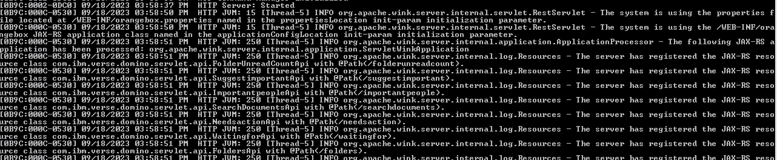Screenshot of a Domino console on Windows displaying Wink INFO logs from Verse