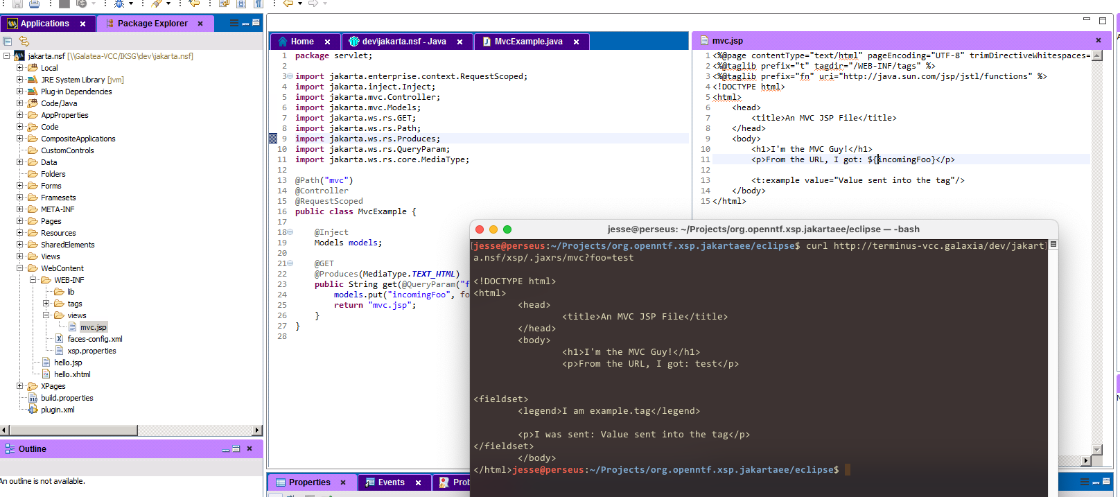 Screenshot of Designer and a terminal showing an MVC controller in an NSF