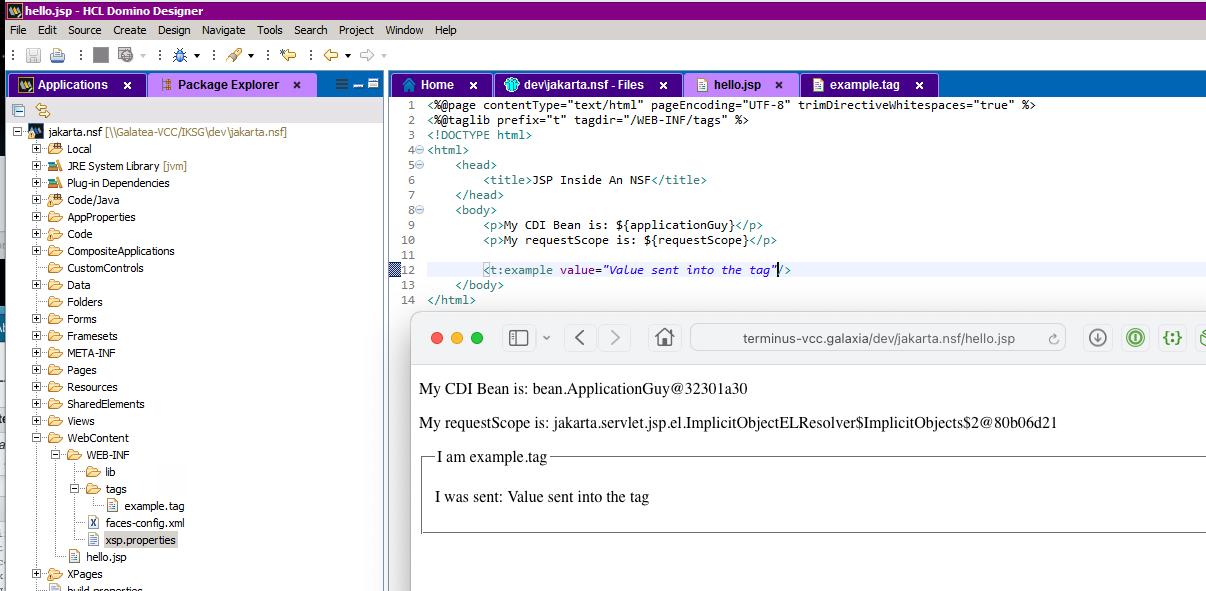 Screenshot of Designer and a browser showing an in-NSF JSP