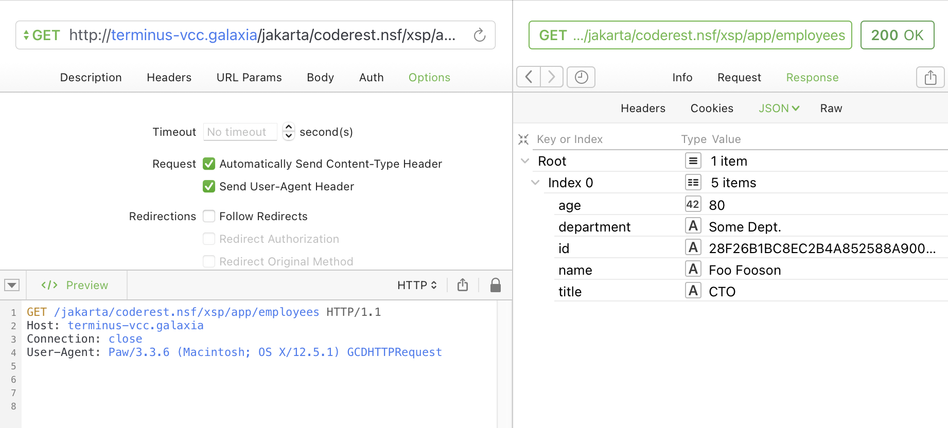 Call to the employees list with one entry returned