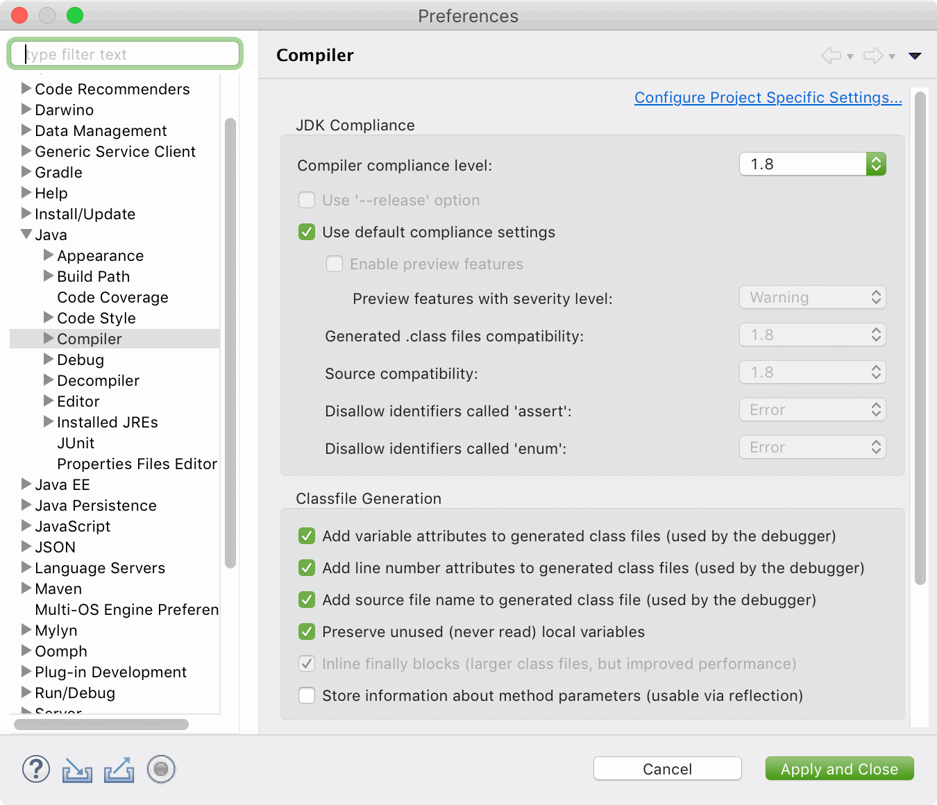 Eclipse Java compiler settings