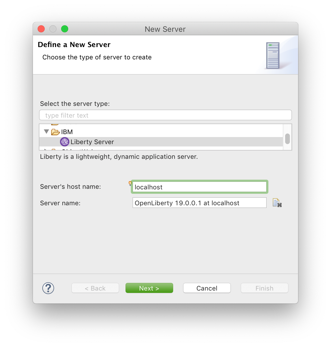 Eclipse's New Server dialog